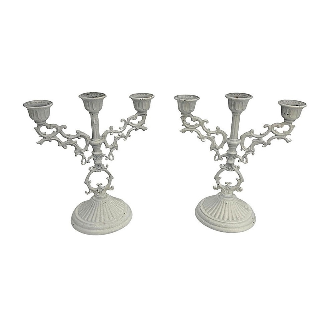 Small Candelabra Pair Cast Metal Ornate Victorian Shabby Chic Filigree Set of 2